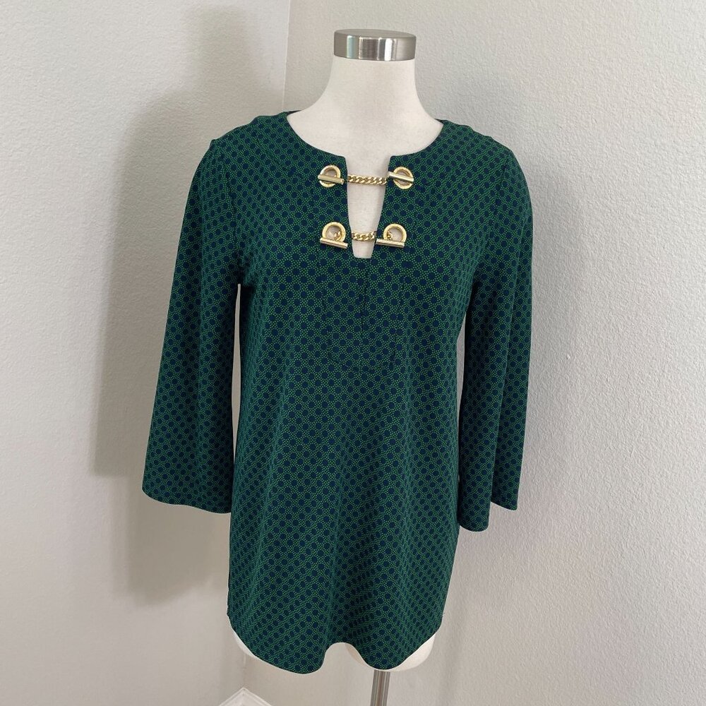 Michael Kors Womens Medium Green‎ Navy Polka Dot Tunic Top Gold Chain Detail